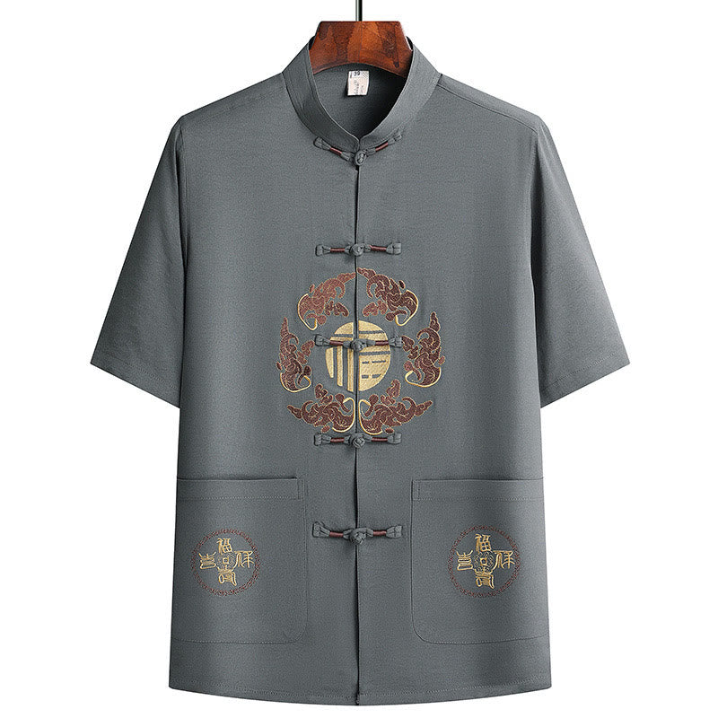Buddha Stones Fu Charakter Tang Anzug Hanfu Traditionelle Uniform Kurzarm Oberteil Hosen Kleidung Herren Set - image 2