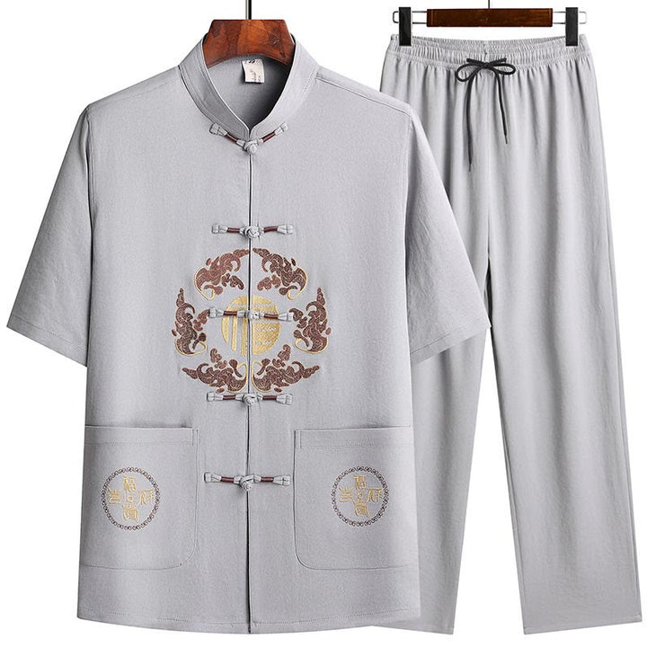 Buddha Stones Fu Charakter Tang Anzug Hanfu Traditionelle Uniform Kurzarm Oberteil Hosen Kleidung Herren Set