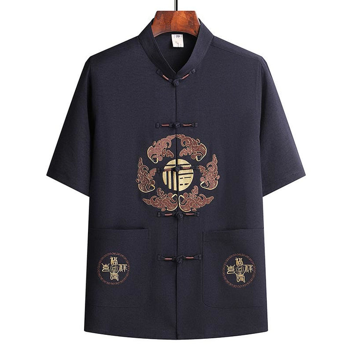 Buddha Stones Fu Charakter Tang Anzug Hanfu Traditionelle Uniform Kurzarm Oberteil Hosen Kleidung Herren Set - image 19