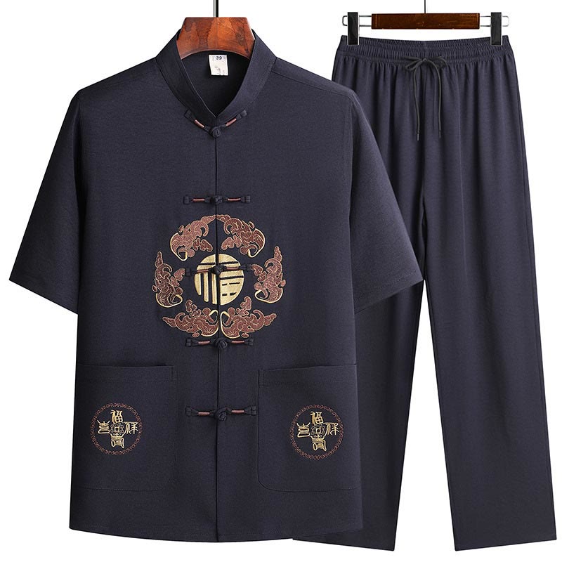Buddha Stones Fu Charakter Tang Anzug Hanfu Traditionelle Uniform Kurzarm Oberteil Hosen Kleidung Herren Set - Marineblau (Oberteil und Hose) - US/ UK/AU42，EU52 (3XL)  - image 18