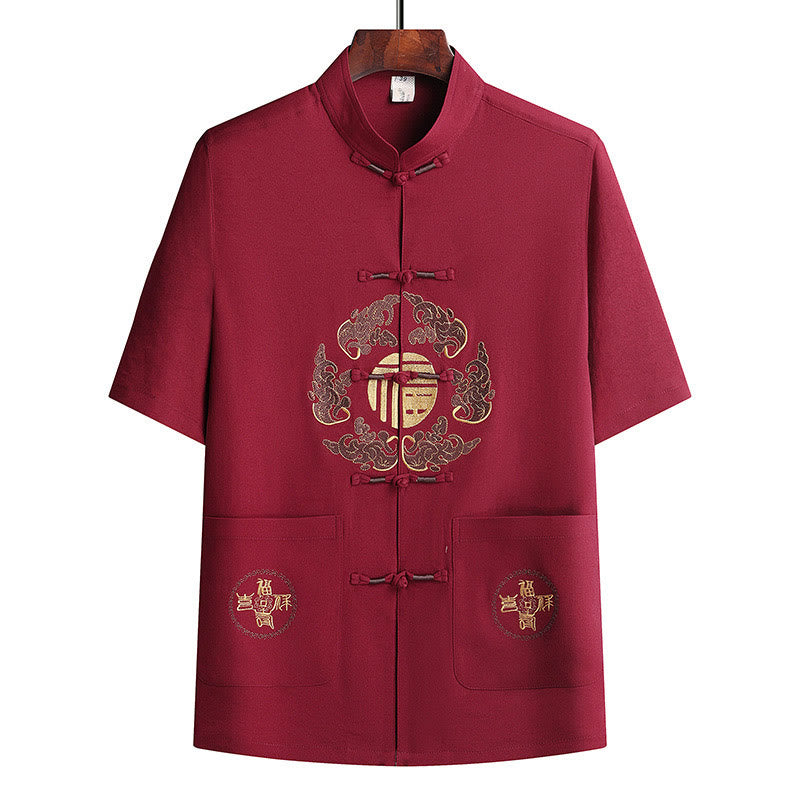 Buddha Stones Fu Charakter Tang Anzug Hanfu Traditionelle Uniform Kurzarm Oberteil Hosen Kleidung Herren Set - image 22