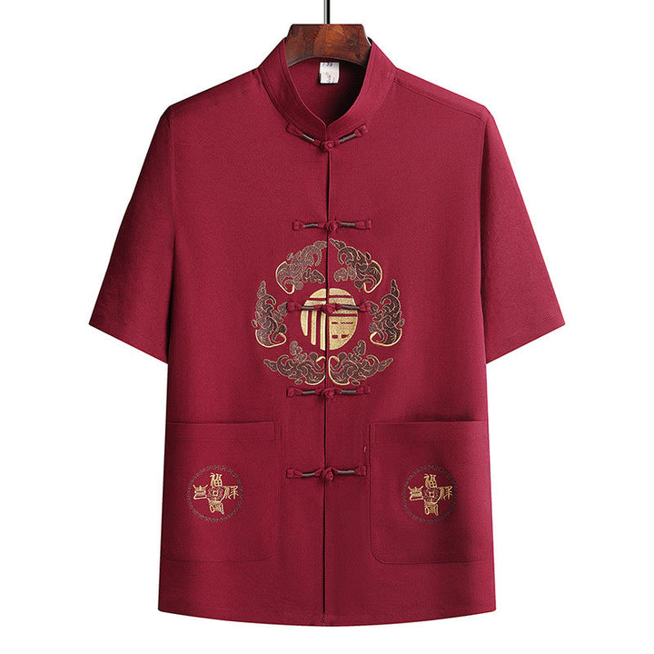 Buddha Stones Fu Charakter Tang Anzug Hanfu Traditionelle Uniform Kurzarm Oberteil Hosen Kleidung Herren Set - image 22