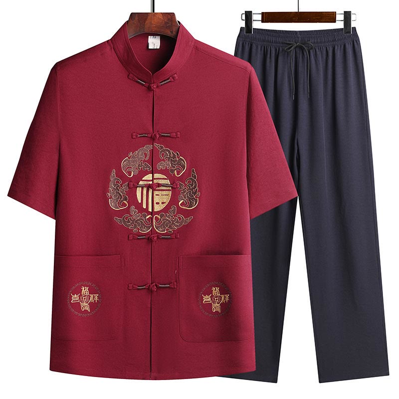 Buddha Stones Fu Charakter Tang Anzug Hanfu Traditionelle Uniform Kurzarm Oberteil Hosen Kleidung Herren Set - Rot (Oberteil und Hose) - US/ UK/AU42，EU52 (3XL)  - image 21