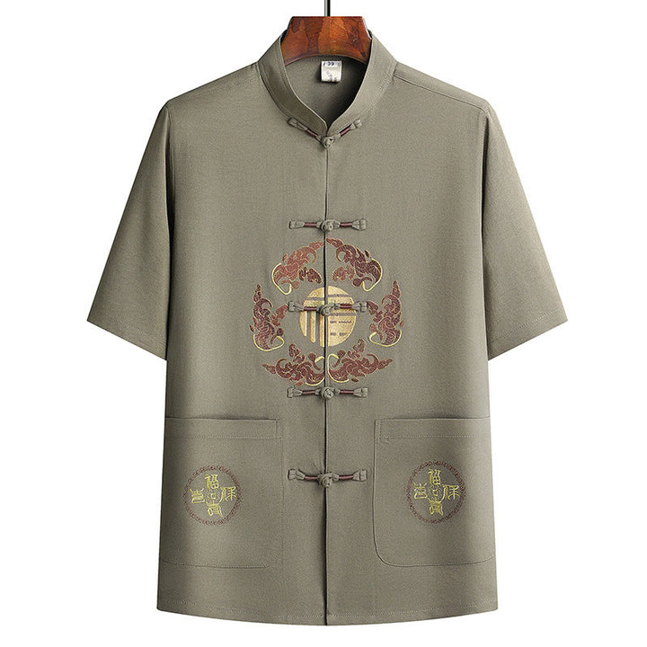 Buddha Stones Fu Charakter Tang Anzug Hanfu Traditionelle Uniform Kurzarm Oberteil Hosen Kleidung Herren Set