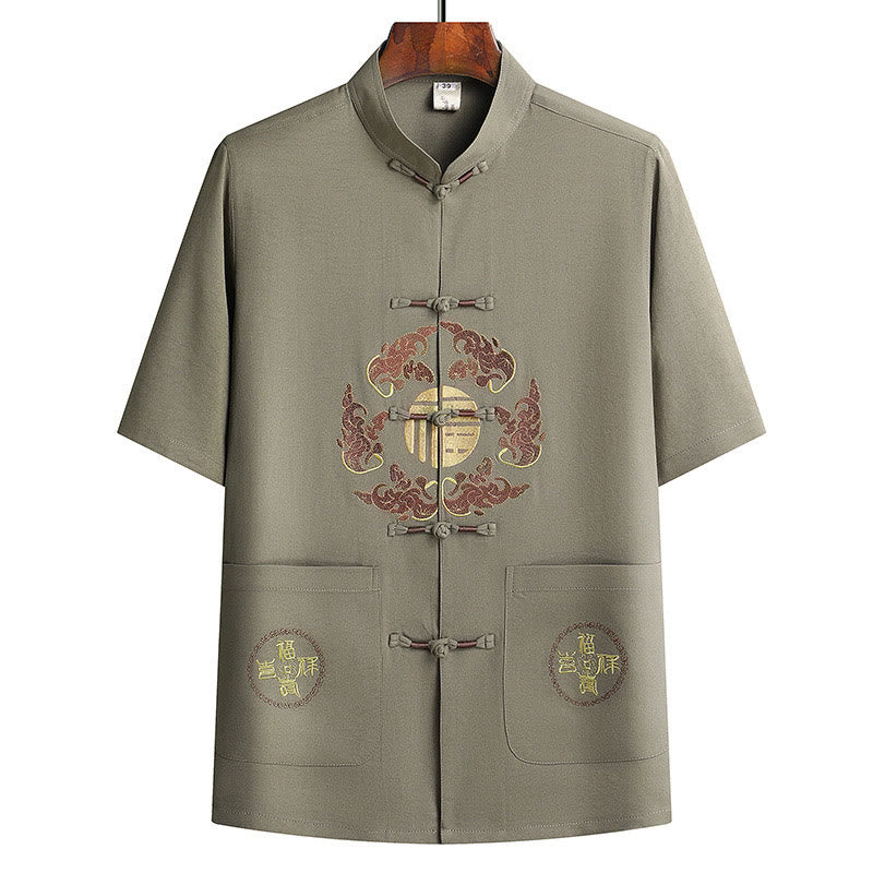Buddha Stones Fu Charakter Tang Anzug Hanfu Traditionelle Uniform Kurzarm Oberteil Hosen Kleidung Herren Set - image 25