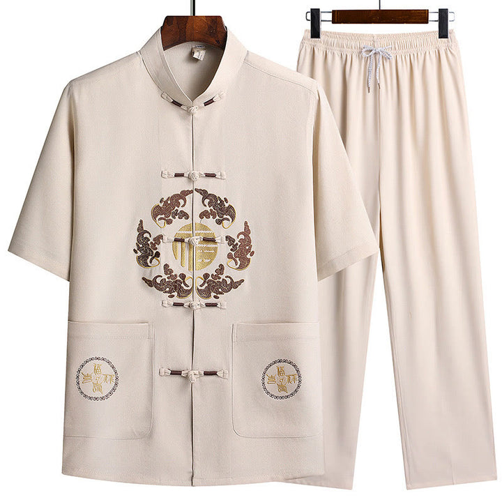 Buddha Stones Fu Charakter Tang Anzug Hanfu Traditionelle Uniform Kurzarm Oberteil Hosen Kleidung Herren Set