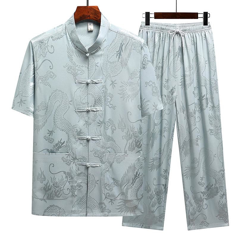 Buddha-Steine, Drachenmuster, Tang-Anzug, Hanfu, traditionelle Uniform, kurzärmeliges Oberteil und Hose, Kleidung für Herren - Graublau (Oberteil und Hose) - US/ UK/AU44，EU54 (4XL) - image 0