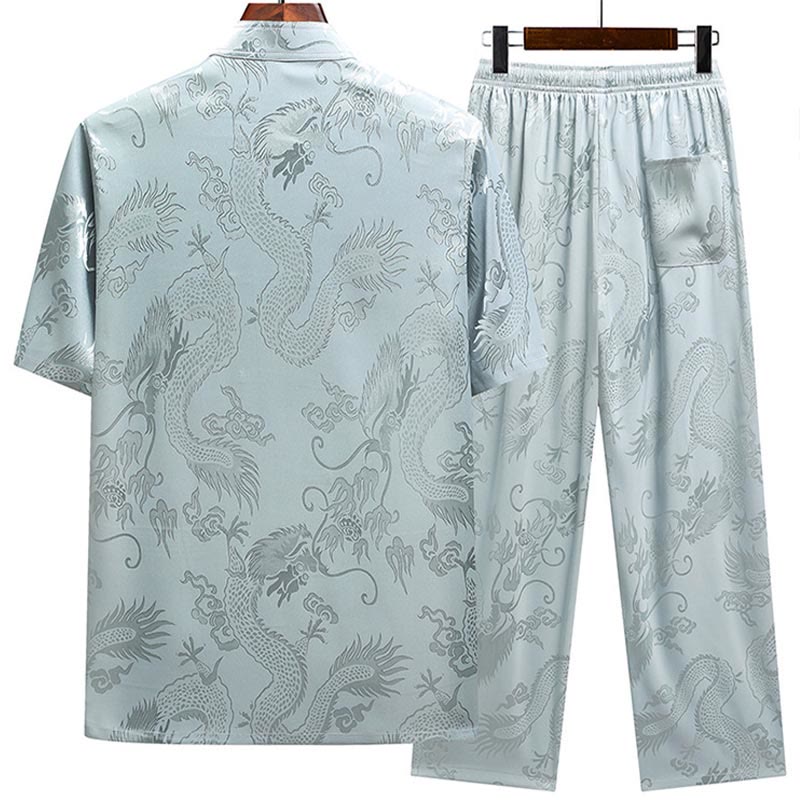 Buddha-Steine, Drachenmuster, Tang-Anzug, Hanfu, traditionelle Uniform, kurzärmeliges Oberteil und Hose, Kleidung für Herren - image 1