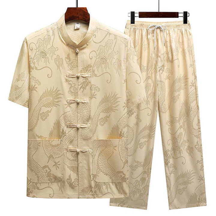 Buddha-Steine, Drachenmuster, Tang-Anzug, Hanfu, traditionelle Uniform, kurzärmeliges Oberteil und Hose, Kleidung für Herren - Beige (Oberteil & Hose) - US/ UK/AU44, EU54 (4XL) - image 13