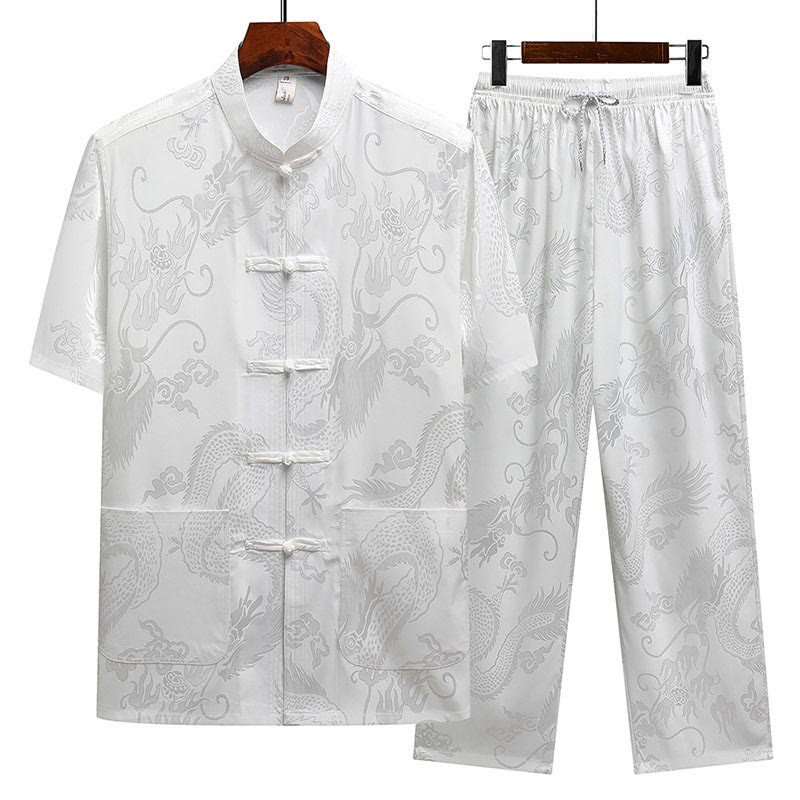 Buddha-Steine, Drachenmuster, Tang-Anzug, Hanfu, traditionelle Uniform, kurzärmeliges Oberteil und Hose, Kleidung für Herren - Weiß (Oberteil und Hose) - US/ UK/AU44，EU54 (4XL) - image 16