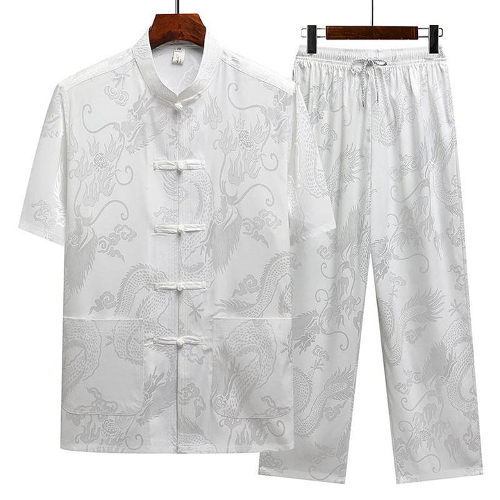 Buddha-Steine, Drachenmuster, Tang-Anzug, Hanfu, traditionelle Uniform, kurzärmeliges Oberteil und Hose, Kleidung für Herren - Weiß (Oberteil und Hose) - US/ UK/AU44，EU54 (4XL) - image 16