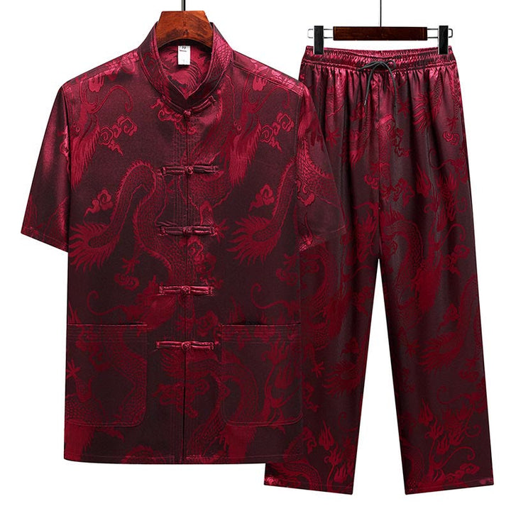 Buddha-Steine, Drachenmuster, Tang-Anzug, Hanfu, traditionelle Uniform, kurzärmeliges Oberteil und Hose, Kleidung für Herren - Rot (Oberteil und Hose) - US/ UK/AU44，EU54 (4XL) - image 19