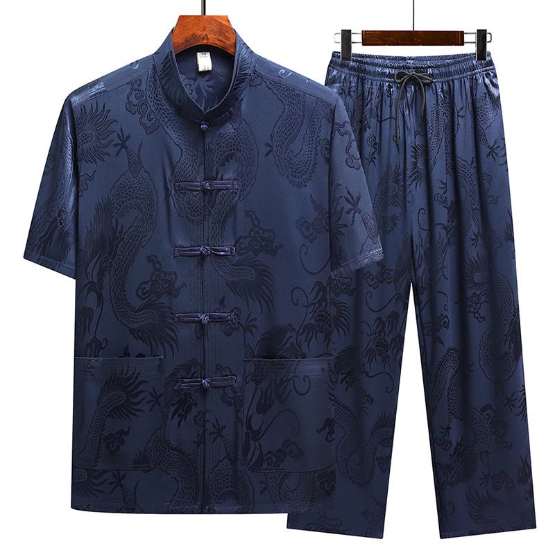Buddha-Steine, Drachenmuster, Tang-Anzug, Hanfu, traditionelle Uniform, kurzärmeliges Oberteil und Hose, Kleidung für Herren - Marineblau (Oberteil und Hose) - US/ UK/AU44，EU54 (4XL) - image 22