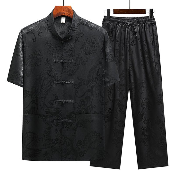 Buddha-Steine, Drachenmuster, Tang-Anzug, Hanfu, traditionelle Uniform, kurzärmeliges Oberteil und Hose, Kleidung für Herren - Schwarz (Oberteil und Hose) - US/ UK/AU44，EU54 (4XL) - image 25