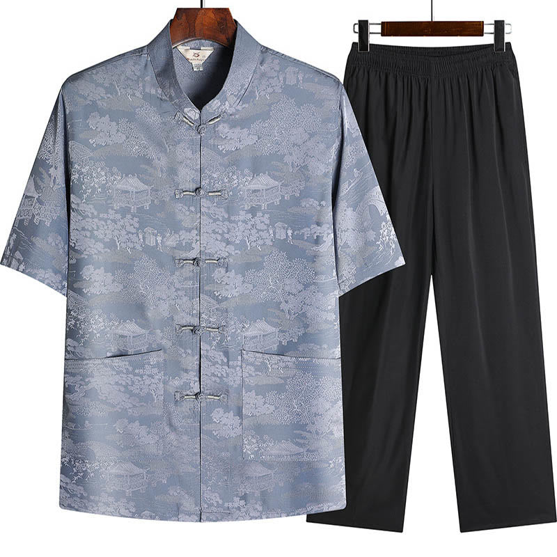 Buddha-Steine, Kiefernbaum, Pavillon, Garten, Tang-Anzug, Hanfu, traditionelle Uniform, kurzärmeliges Oberteil und Hose, Kleidung für Herren - Grau - Oberteil und Hose - US/UK/AU44, EU54 (4XL) - image 0