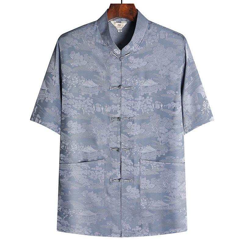 Buddha-Steine, Kiefernbaum, Pavillon, Garten, Tang-Anzug, Hanfu, traditionelle Uniform, kurzärmeliges Oberteil und Hose, Kleidung für Herren - Grau - Spitze - US/UK/AU44, EU54 (4XL) - image 1