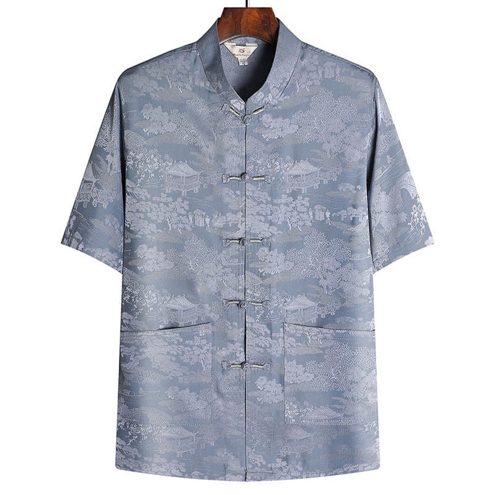 Buddha-Steine, Kiefernbaum, Pavillon, Garten, Tang-Anzug, Hanfu, traditionelle Uniform, kurzärmeliges Oberteil und Hose, Kleidung für Herren - Grau - Spitze - US/UK/AU44, EU54 (4XL) - image 1