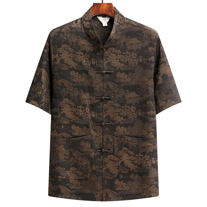 Buddha-Steine, Kiefernbaum, Pavillon, Garten, Tang-Anzug, Hanfu, traditionelle Uniform, kurzärmeliges Oberteil und Hose, Kleidung für Herren - Braun - Spitze - US/UK/AU44, EU54 (4XL) - image 3