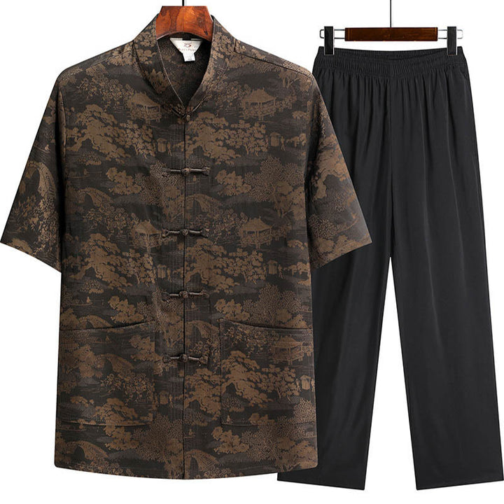 Buddha-Steine, Kiefernbaum, Pavillon, Garten, Tang-Anzug, Hanfu, traditionelle Uniform, kurzärmeliges Oberteil und Hose, Kleidung für Herren - Braun - Oberteil und Hose - US/UK/AU44, EU54 (4XL) - image 2