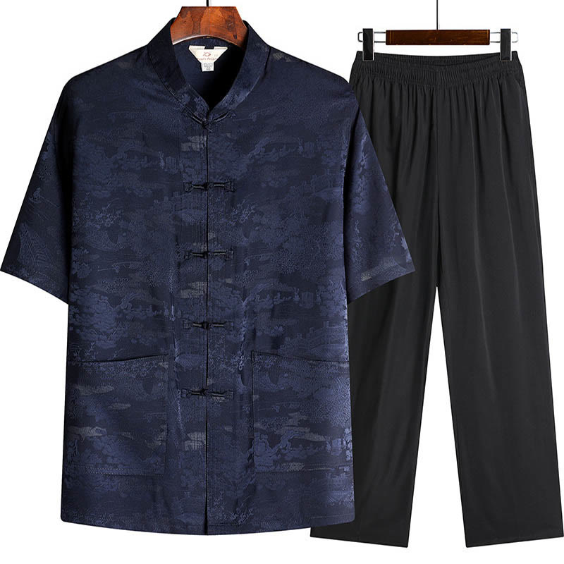 Buddha-Steine, Kiefernbaum, Pavillon, Garten, Tang-Anzug, Hanfu, traditionelle Uniform, kurzärmeliges Oberteil und Hose, Kleidung für Herren - Marineblau - Oberteil und Hose - US/UK/AU44, EU54 (4XL) - image 9