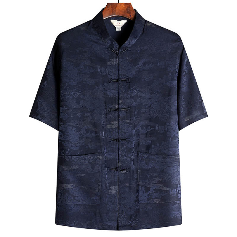 Buddha-Steine, Kiefernbaum, Pavillon, Garten, Tang-Anzug, Hanfu, traditionelle Uniform, kurzärmeliges Oberteil und Hose, Kleidung für Herren - Marineblau - Spitze - US/UK/AU44, EU54 (4XL) - image 10