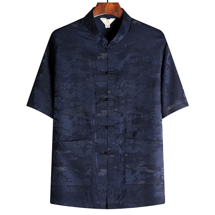 Buddha-Steine, Kiefernbaum, Pavillon, Garten, Tang-Anzug, Hanfu, traditionelle Uniform, kurzärmeliges Oberteil und Hose, Kleidung für Herren - Marineblau - Spitze - US/UK/AU44, EU54 (4XL) - image 10