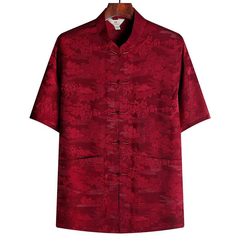 Buddha-Steine, Kiefernbaum, Pavillon, Garten, Tang-Anzug, Hanfu, traditionelle Uniform, kurzärmeliges Oberteil und Hose, Kleidung für Herren - Rot - Spitze - US/UK/AU44, EU54 (4XL) - image 12