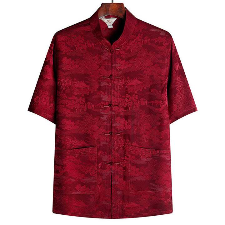 Buddha-Steine, Kiefernbaum, Pavillon, Garten, Tang-Anzug, Hanfu, traditionelle Uniform, kurzärmeliges Oberteil und Hose, Kleidung für Herren - Rot - Spitze - US/UK/AU44, EU54 (4XL) - image 12