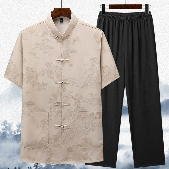 Buddha Steine Berge Bäume Tang Anzug Hanfu Traditionelle Uniform Kurzarm Top Hosen Kleidung Herren Set