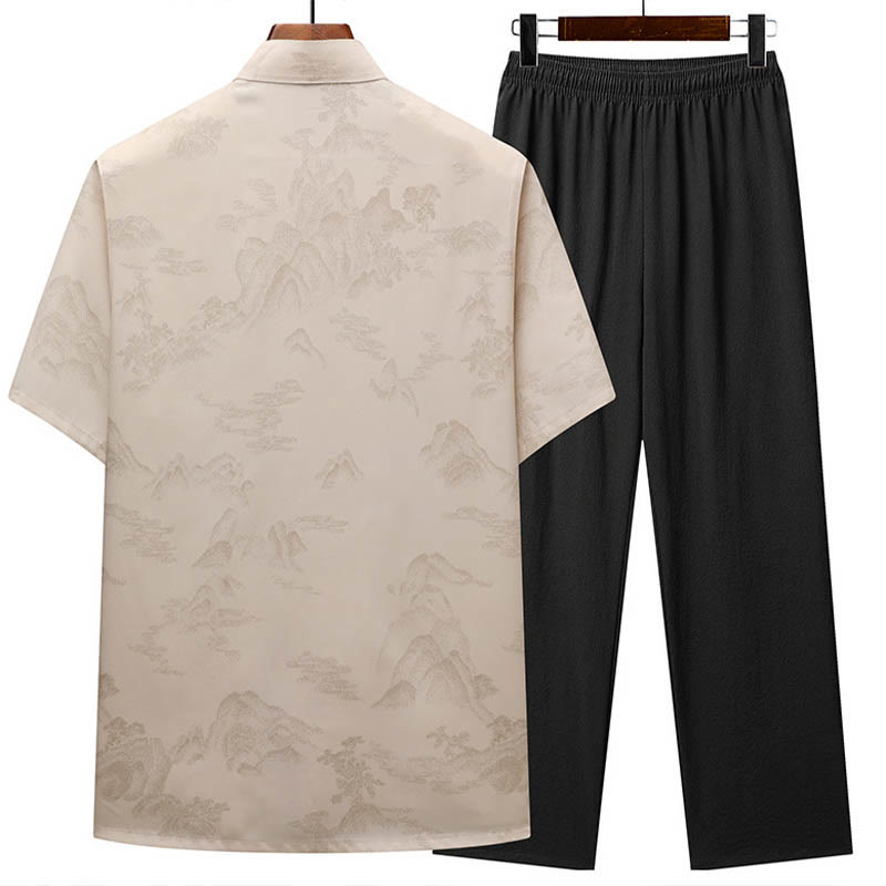 Buddha Steine Berge Bäume Tang Anzug Hanfu Traditionelle Uniform Kurzarm Top Hosen Kleidung Herren Set