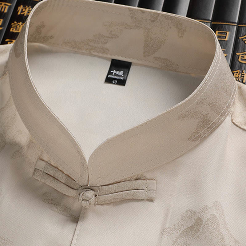 Buddha Steine ​​Berge Bäume Tang Anzug Hanfu Traditionelle Uniform Kurzarm Top Hosen Kleidung Herren Set - image 3