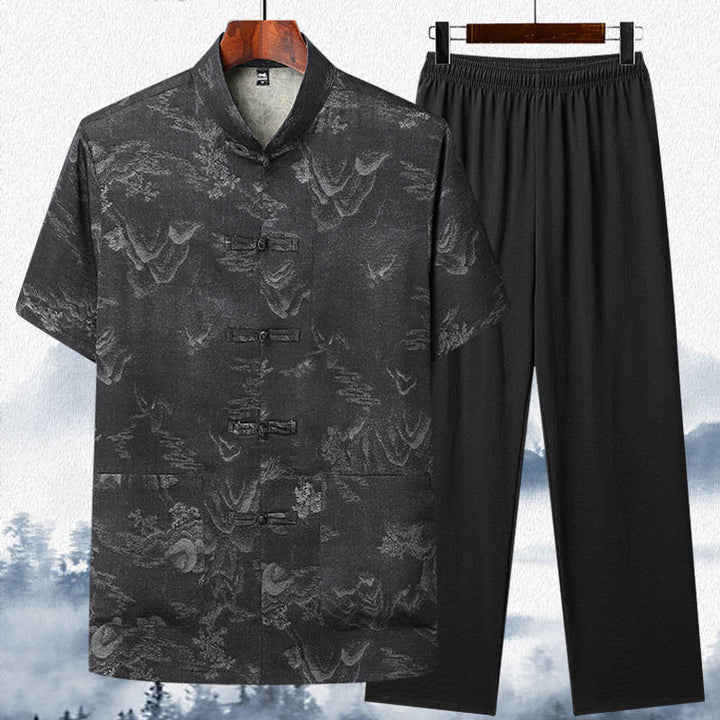 Buddha Steine Berge Bäume Tang Anzug Hanfu Traditionelle Uniform Kurzarm Top Hosen Kleidung Herren Set