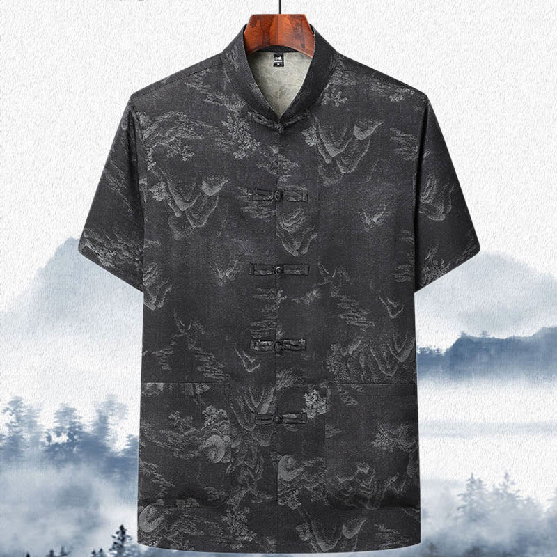 Buddha Steine ​​Berge Bäume Tang Anzug Hanfu Traditionelle Uniform Kurzarm Top Hosen Kleidung Herren Set - Schwarz - Spitze - US/ UK/AU42, EU52 (3XL)  - image 11