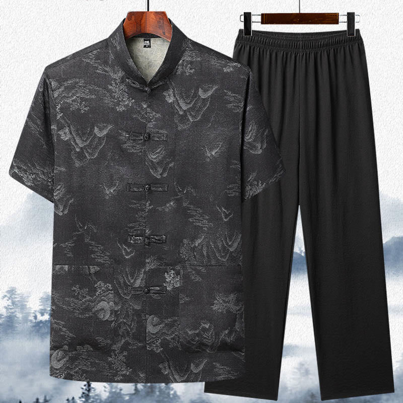 Buddha Steine ​​Berge Bäume Tang Anzug Hanfu Traditionelle Uniform Kurzarm Top Hosen Kleidung Herren Set - Schwarz - Oberteil und Hose - US/ UK/AU42, EU52 (3XL)  - image 10