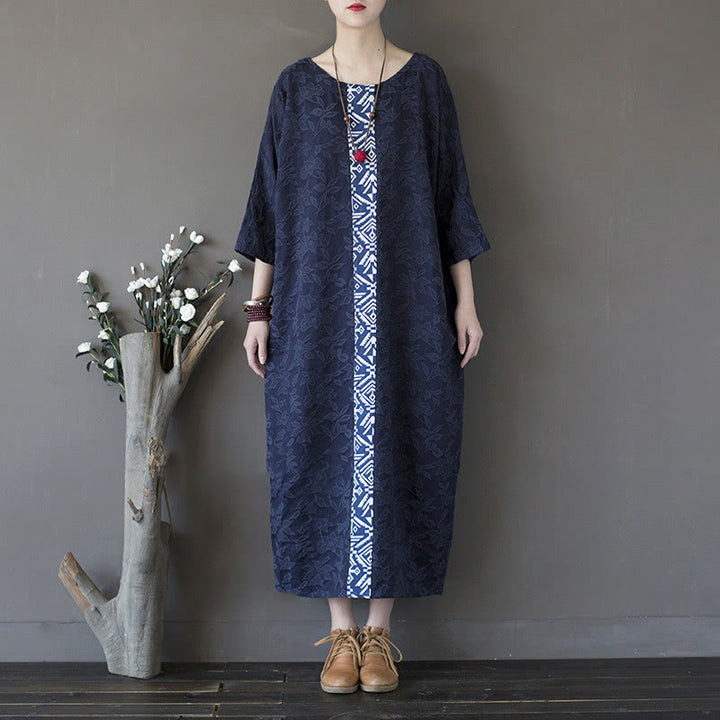 Buddha Stones – Jacquard-Midikleid mit Blumenstickerei, Blau, Dreiviertelärmeln, Baumwollkleid mit Taschen - image 16