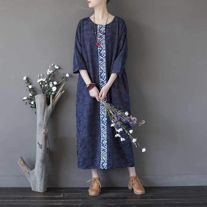 Buddha Stones – Jacquard-Midikleid mit Blumenstickerei, Blau, Dreiviertelärmeln, Baumwollkleid mit Taschen - image 15