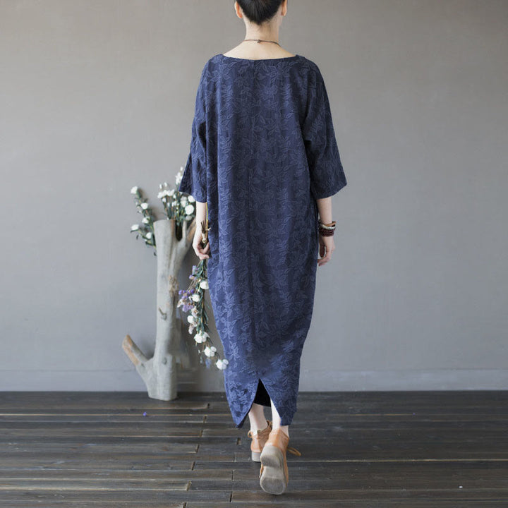 Buddha Stones – Jacquard-Midikleid mit Blumenstickerei, Blau, Dreiviertelärmeln, Baumwollkleid mit Taschen - image 3