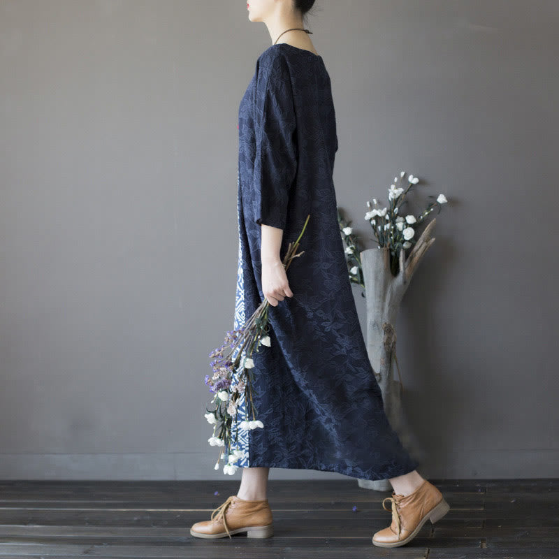 Buddha Stones – Jacquard-Midikleid mit Blumenstickerei, Blau, Dreiviertelärmeln, Baumwollkleid mit Taschen - image 2