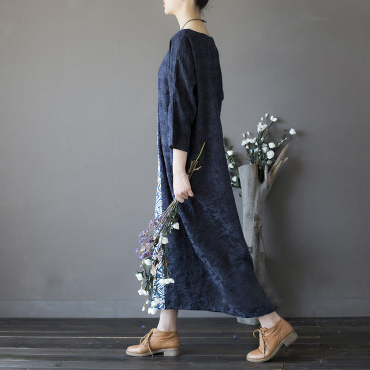 Buddha Stones – Jacquard-Midikleid mit Blumenstickerei, Blau, Dreiviertelärmeln, Baumwollkleid mit Taschen - image 2