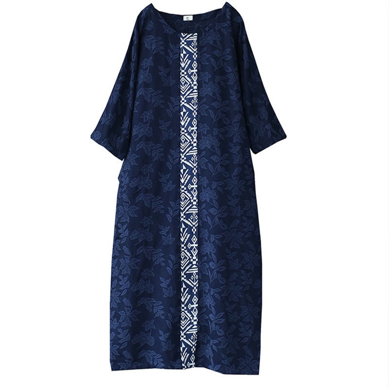 Buddha Stones – Jacquard-Midikleid mit Blumenstickerei, Blau, Dreiviertelärmeln, Baumwollkleid mit Taschen - image 19