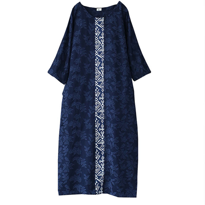Buddha Stones – Jacquard-Midikleid mit Blumenstickerei, Blau, Dreiviertelärmeln, Baumwollkleid mit Taschen - image 19