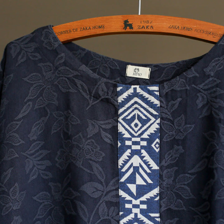 Buddha Stones – Jacquard-Midikleid mit Blumenstickerei, Blau, Dreiviertelärmeln, Baumwollkleid mit Taschen - image 6