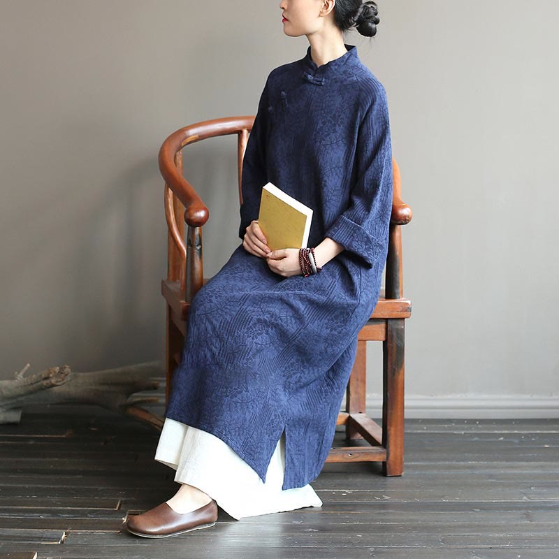 Buddha Stones Flower Jacquard Midikleid, langärmeliges Baumwoll-Leinen-Kleid, weite Hose mit Taschen - image 7