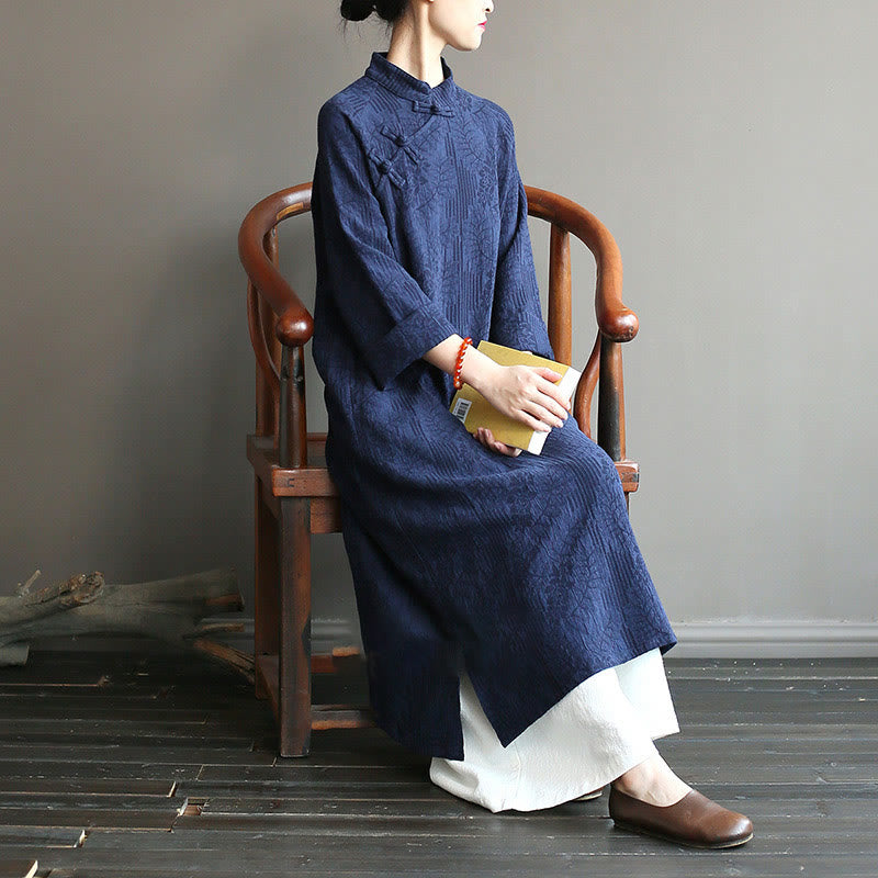 Buddha Stones Flower Jacquard Midikleid, langärmeliges Baumwoll-Leinen-Kleid, weite Hose mit Taschen - Blaues Kleid und Hose - US4-8/10, UK/AU8-12/14, EU36-40/42 (F) - image 0