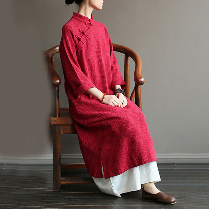 Buddha Stones Flower Jacquard Midikleid, langärmeliges Baumwoll-Leinen-Kleid, weite Hose mit Taschen - image 20