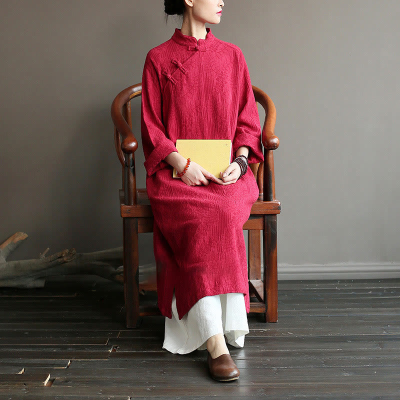 Buddha Stones Flower Jacquard Midikleid, langärmeliges Baumwoll-Leinen-Kleid, weite Hose mit Taschen - image 25
