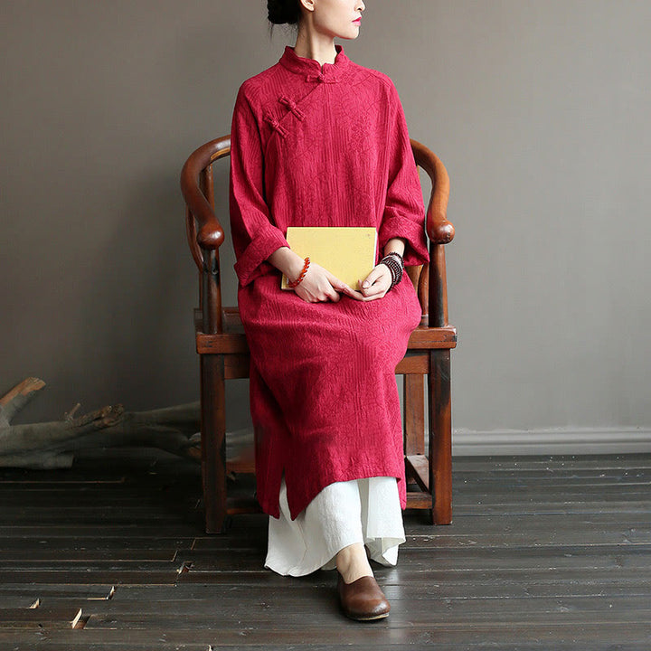 Buddha Stones Flower Jacquard Midikleid, langärmeliges Baumwoll-Leinen-Kleid, weite Hose mit Taschen - image 25