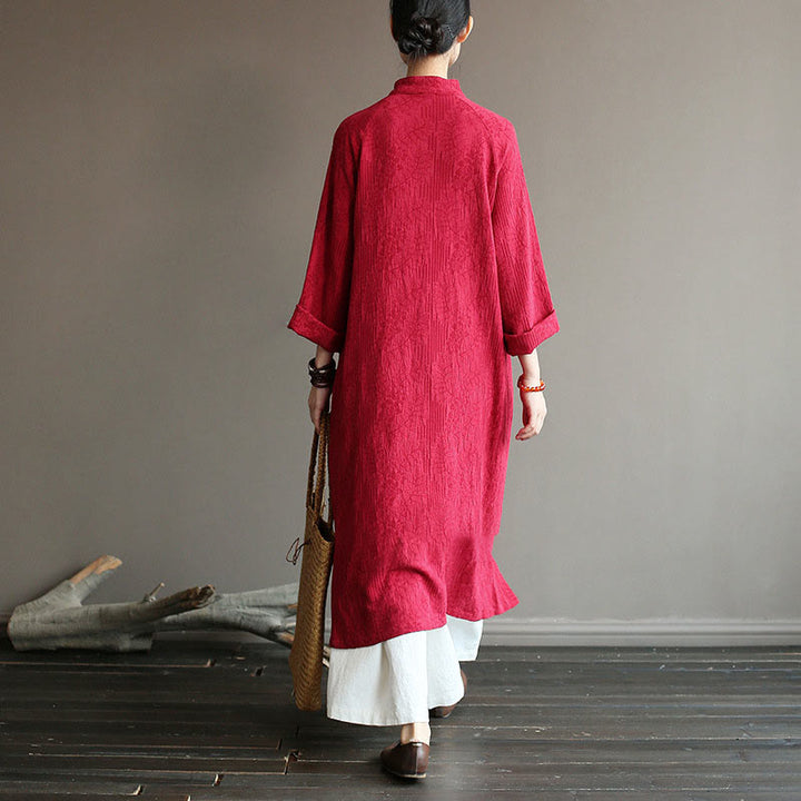 Buddha Stones Flower Jacquard Midikleid, langärmeliges Baumwoll-Leinen-Kleid, weite Hose mit Taschen - image 18