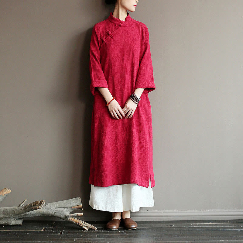 Buddha Stones Flower Jacquard Midikleid, langärmeliges Baumwoll-Leinen-Kleid, weite Hose mit Taschen - image 19