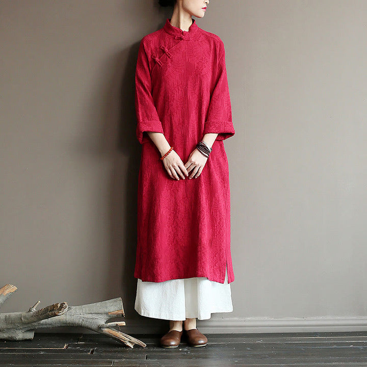 Buddha Stones Flower Jacquard Midikleid, langärmeliges Baumwoll-Leinen-Kleid, weite Hose mit Taschen - image 19